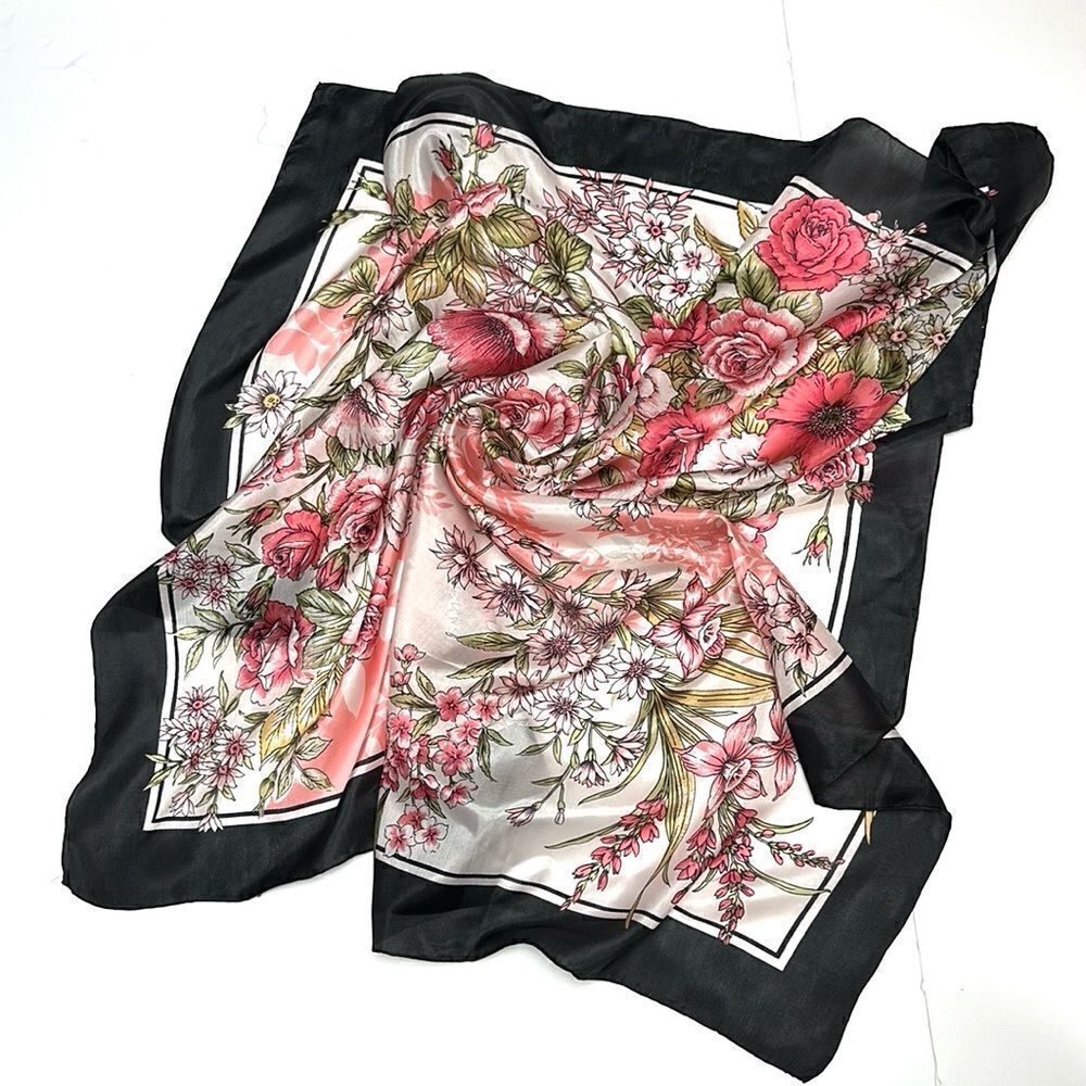 Floral Square Scarf SilkyβChiffon Pink Ivory Black Trim HandβRolled